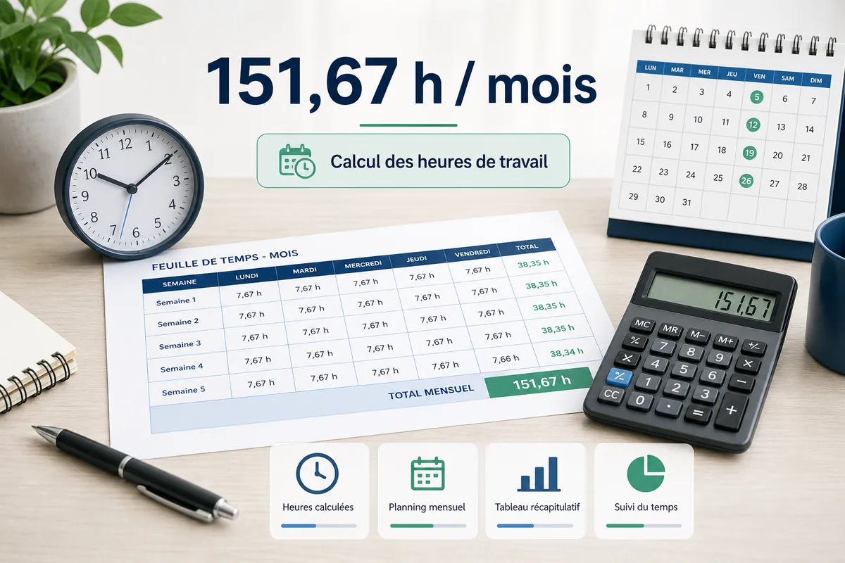 Tableau mensuel illustrant le calcul des heures de travail avec la formule 151,67 heures par mois